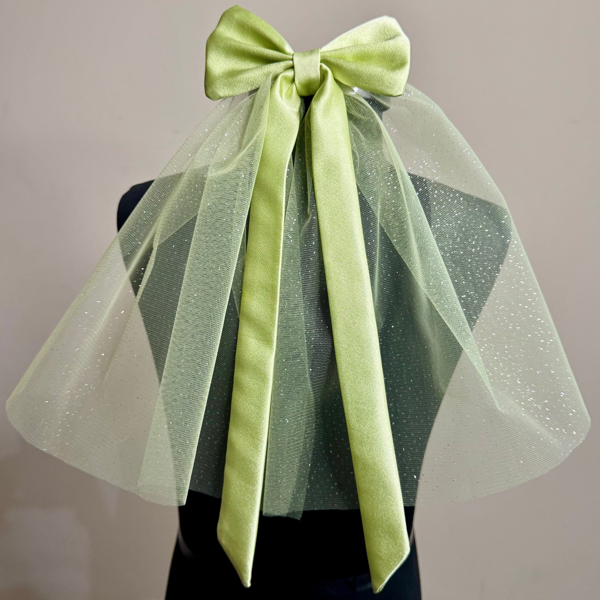 Hazy Morning Pastel Green Satin Bow with Sparkle Veil