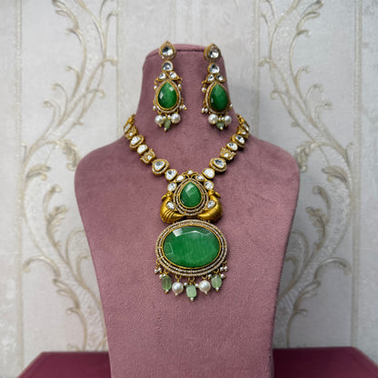 Green Kundan Necklace & Earrings Set with Bird Motif