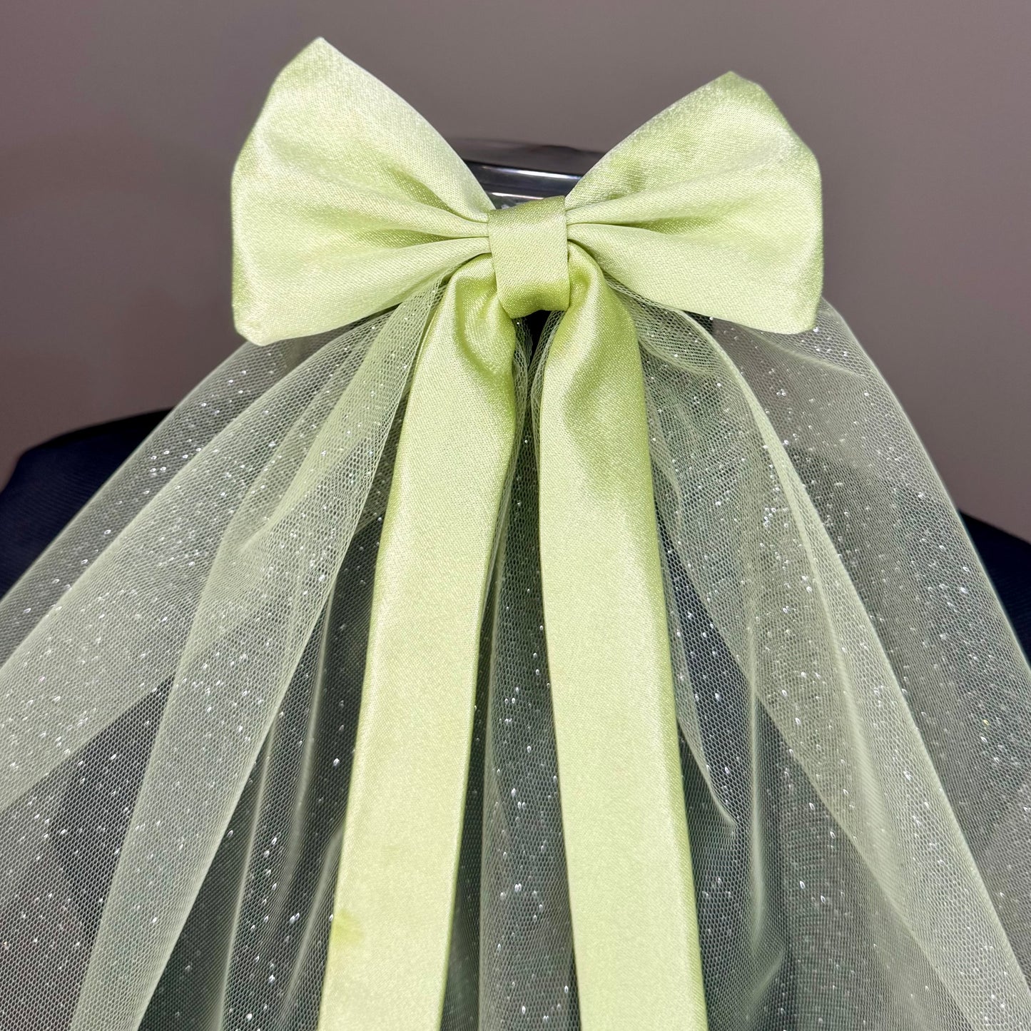 Hazy Morning Pastel Green Satin Bow with Sparkle Veil