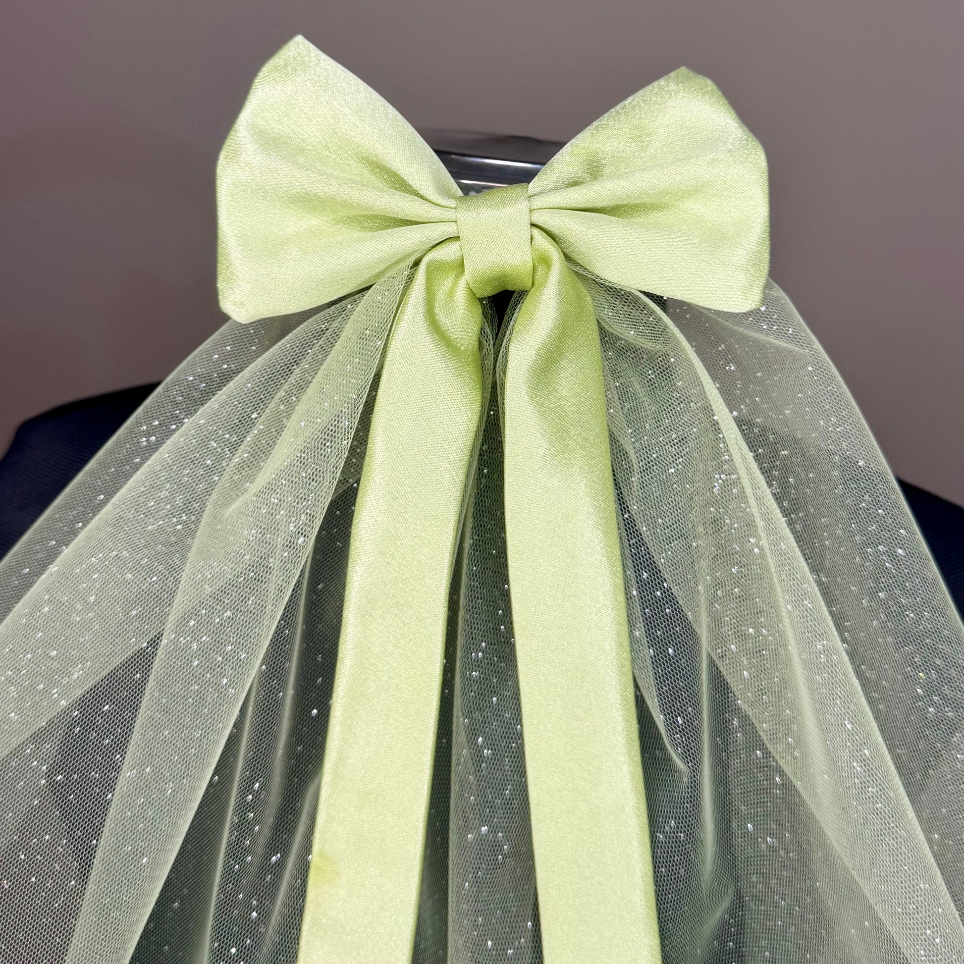 Hazy Morning Pastel Green Satin Bow with Sparkle Veil