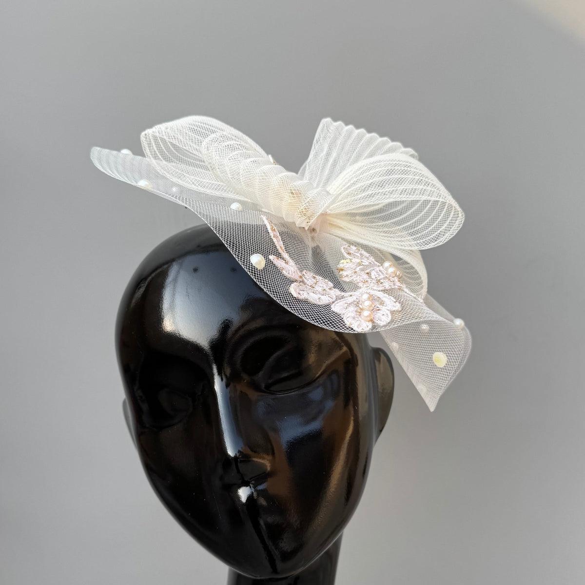 Elegant Ivory Fascinator Hat with Pearls & Floral Appliqué