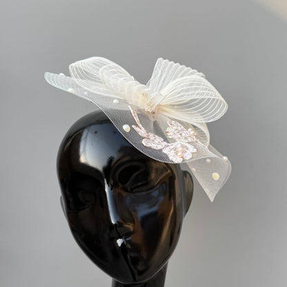 Elegant Ivory Fascinator Hat with Pearls & Floral Appliqué
