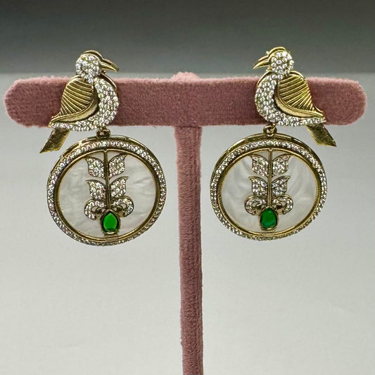 Bird Motif Statement Earrings – Crystal & Emerald Green Accent