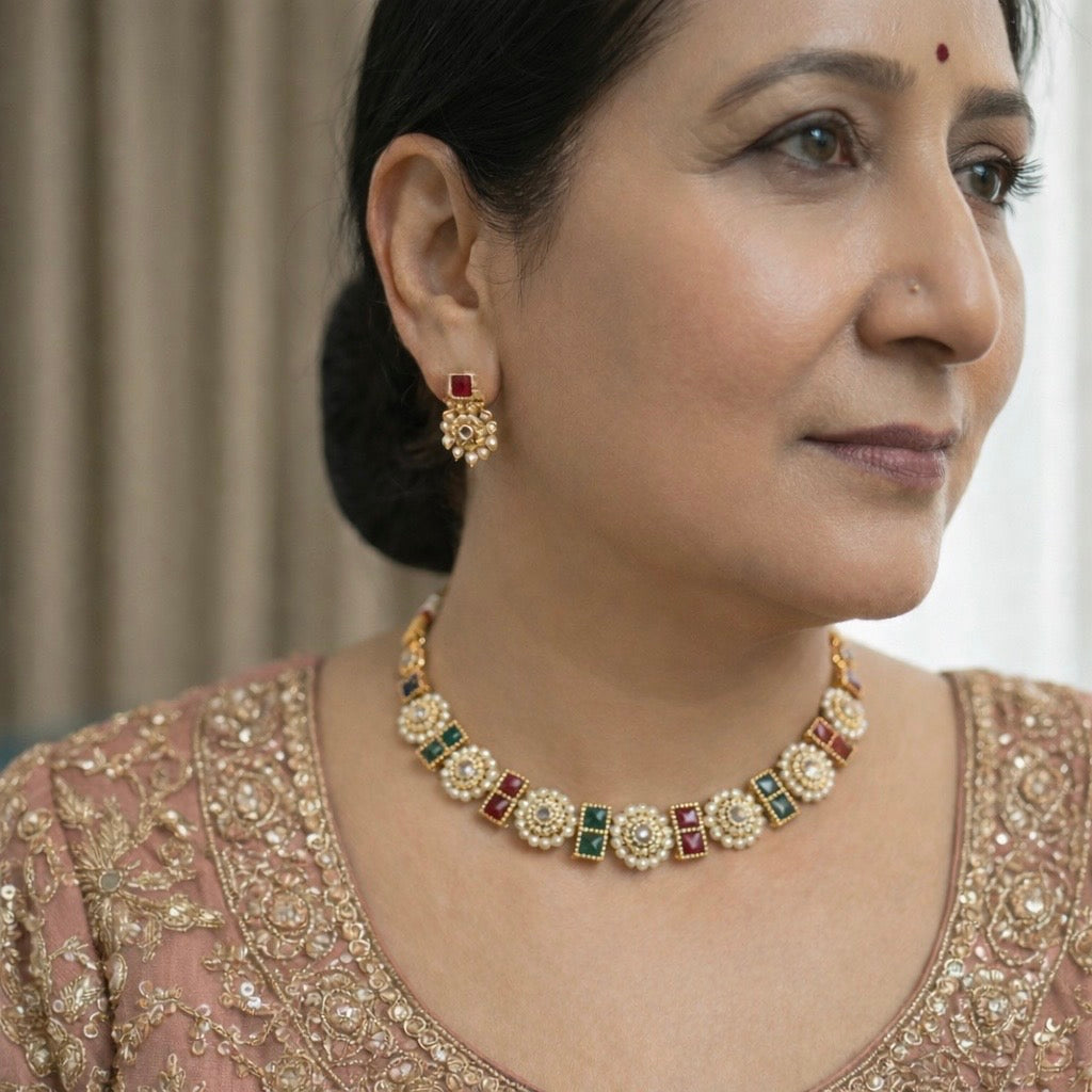 Pearl-Edged Polki Kundan Necklace Set in Gold, Red & Green