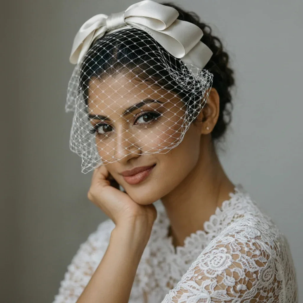 Elara Satin Bow Birdcage Veil Headband