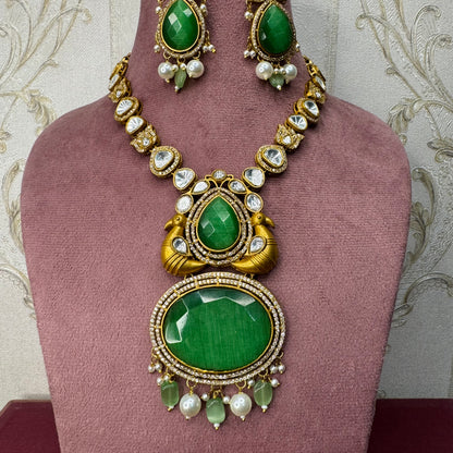 Green Kundan Necklace & Earrings Set with Bird Motif