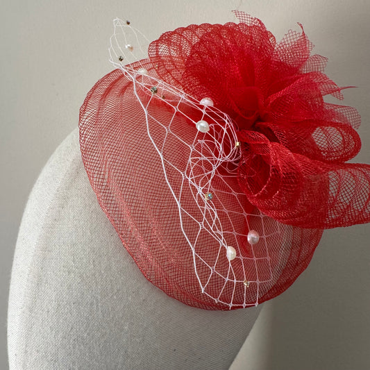 Bold Red Mesh Fascinator with Pearl Veil