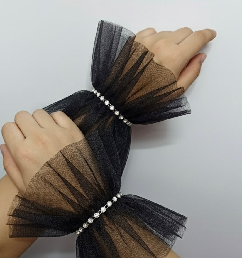 Ruffled Charm Tulle Black Cuff Gloves