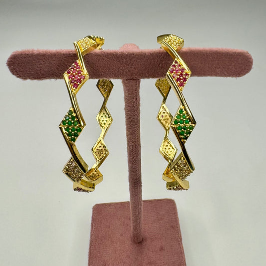 Gold-Plated Geometric Bangle with Red & Green Stones – Festive Jewelry