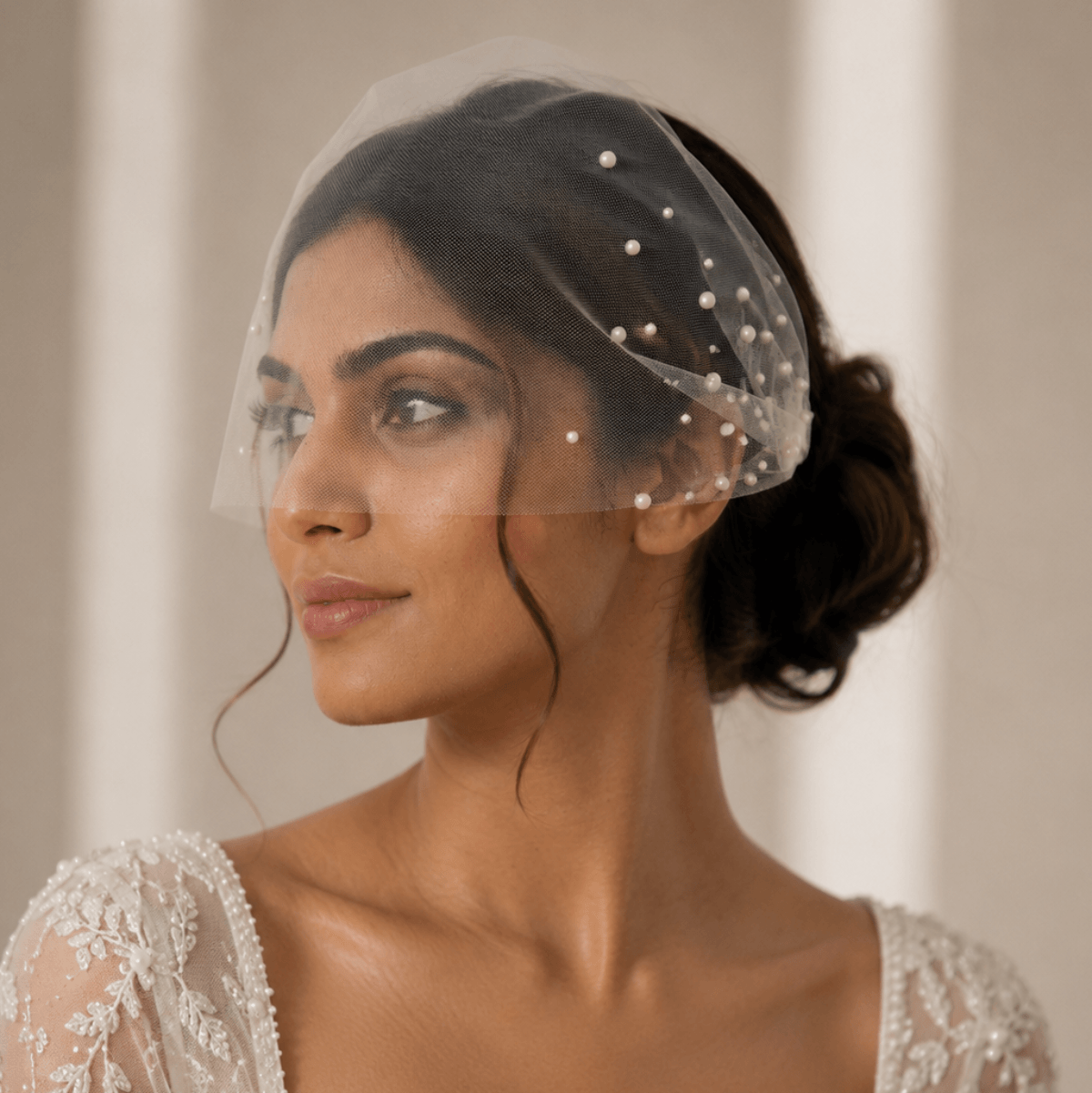 White French Net Pearl Veil
