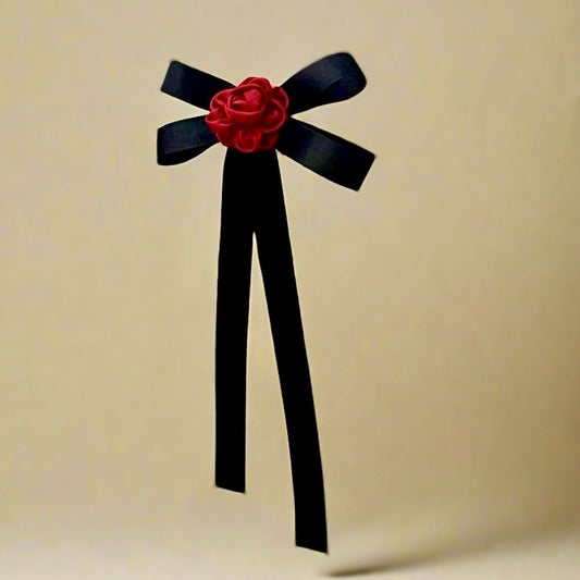 Black satin ribbon long tail bow hair clip with red rose flower