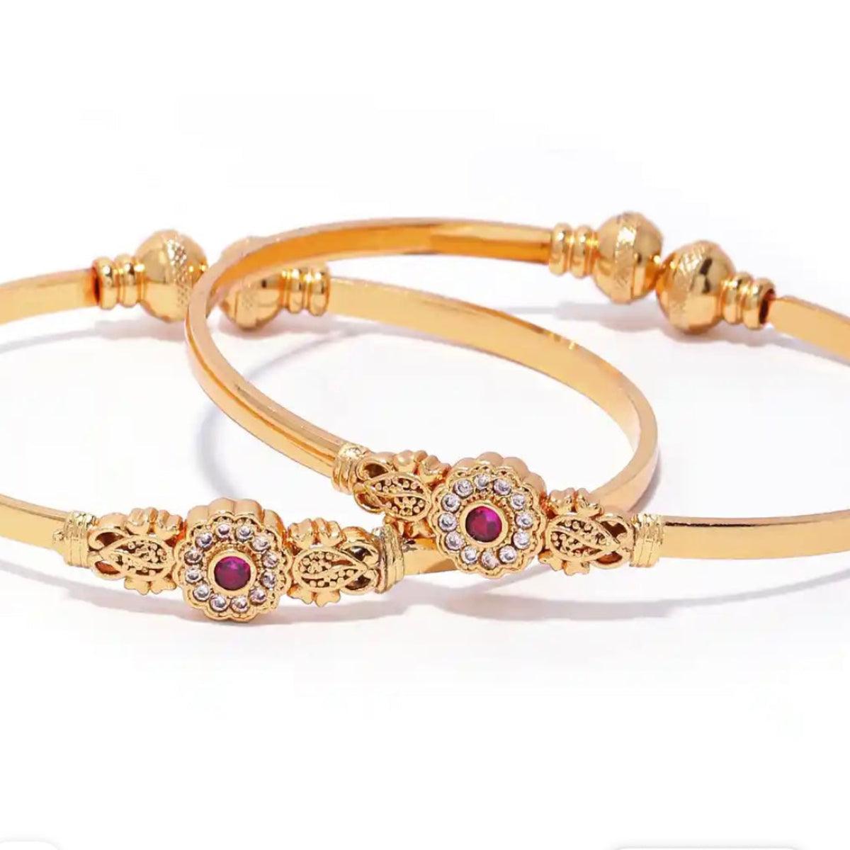 Gold-Plated White & Pink Stone-Studded Adjustable Bangles