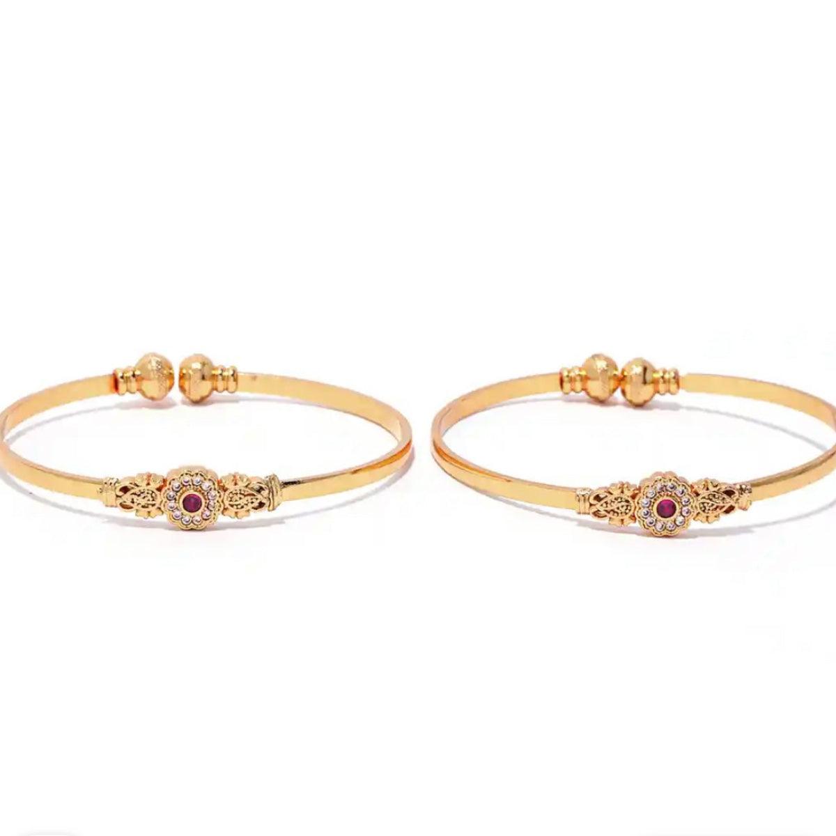 Gold-Plated White & Pink Stone-Studded Adjustable Bangles