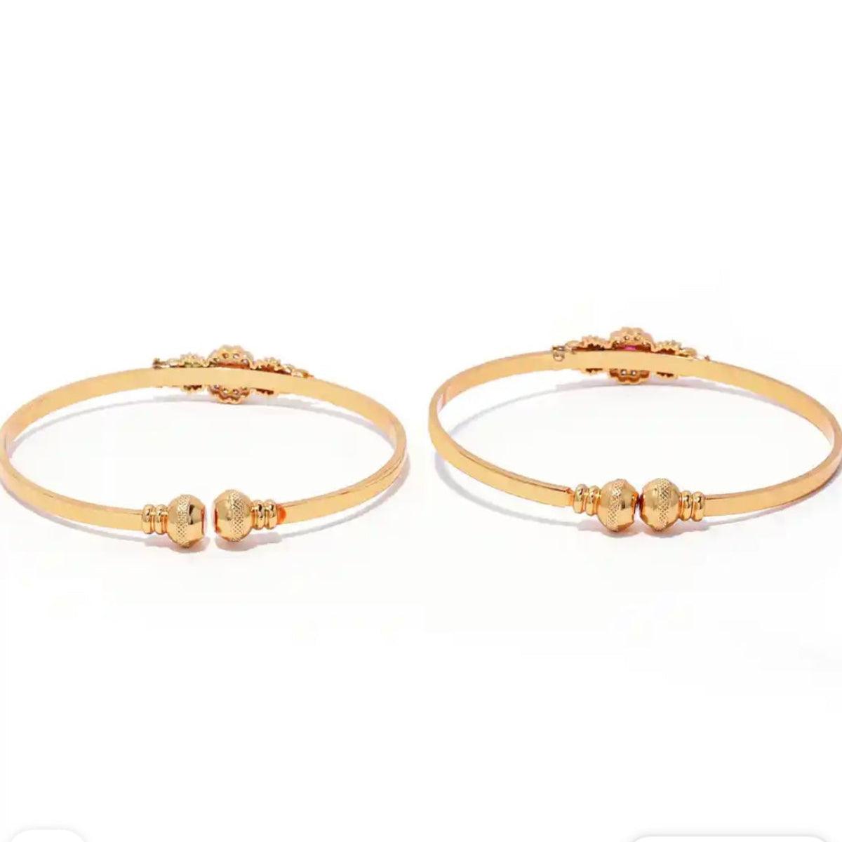Gold-Plated White & Pink Stone-Studded Adjustable Bangles