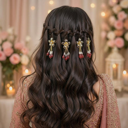 Golden Bloom Ruby Drop Hair Pin Set
