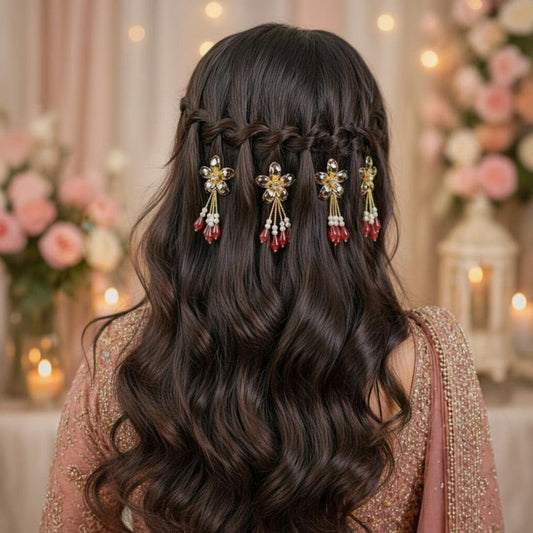 Golden Bloom Ruby Drop Hair Pin Set