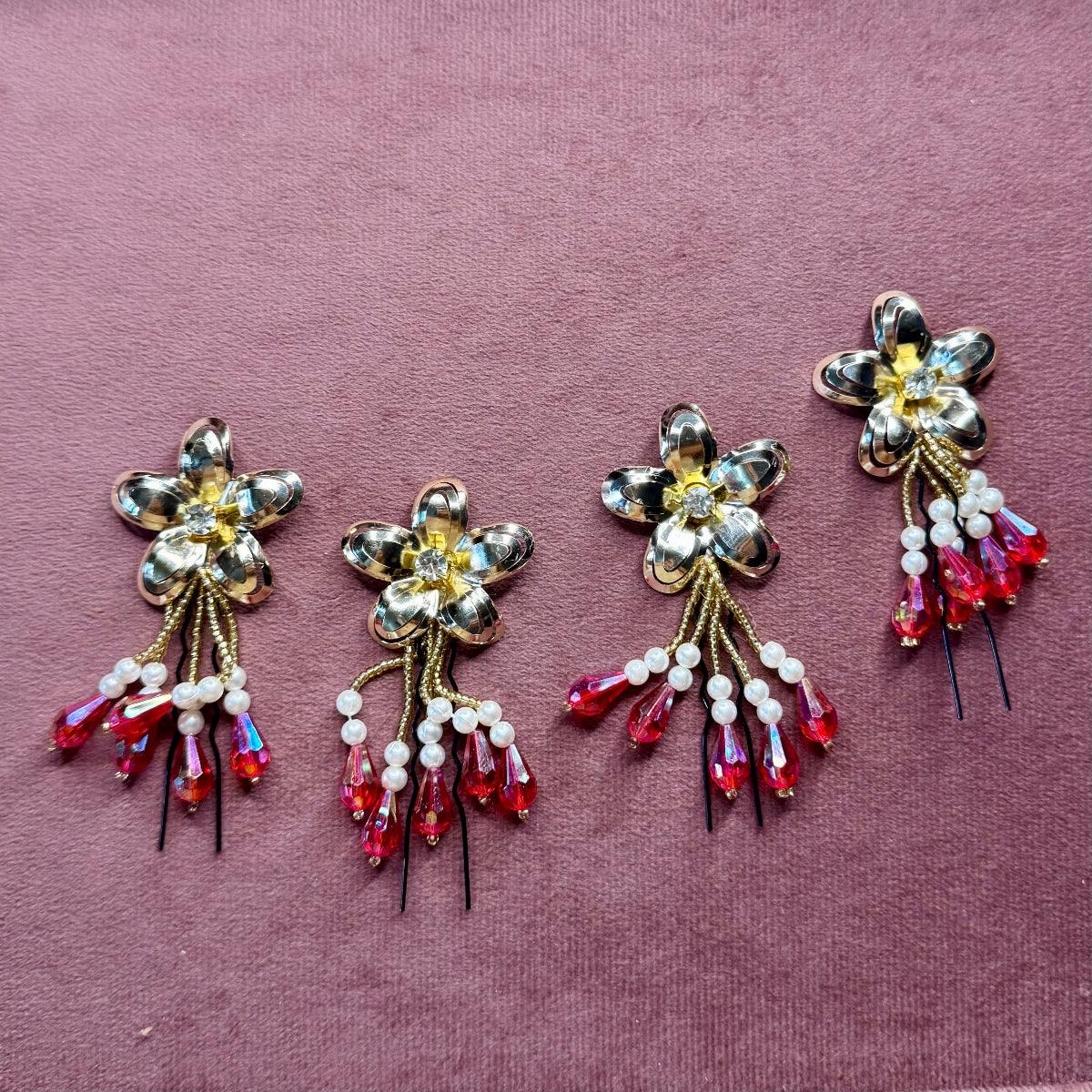 Golden Bloom Ruby Drop Hair Pin Set