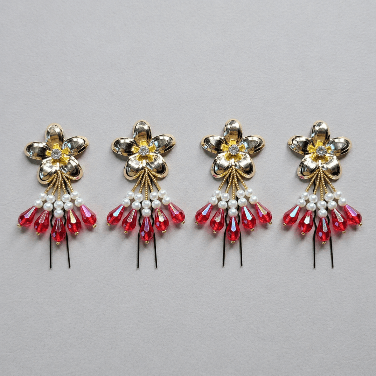 Golden Bloom Ruby Drop Hair Pin Set