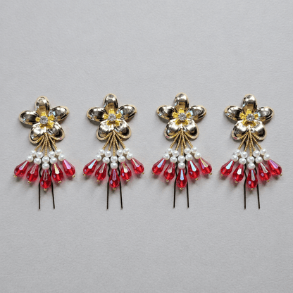 Golden Bloom Ruby Drop Hair Pin Set