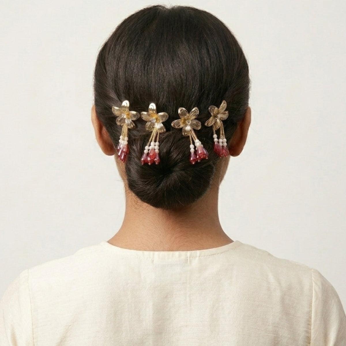 Golden Bloom Ruby Drop Hair Pin Set