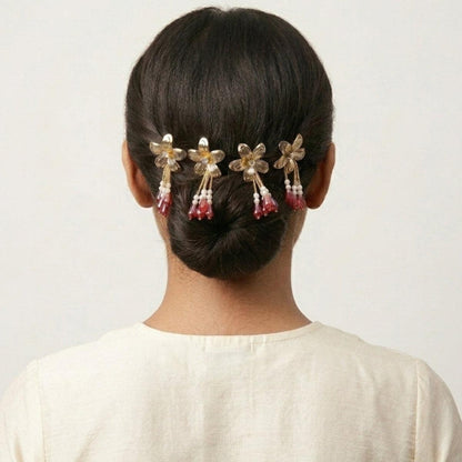 Golden Bloom Ruby Drop Hair Pin Set