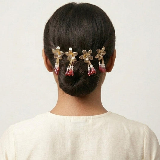 Golden Bloom Ruby Drop Hair Pin Set