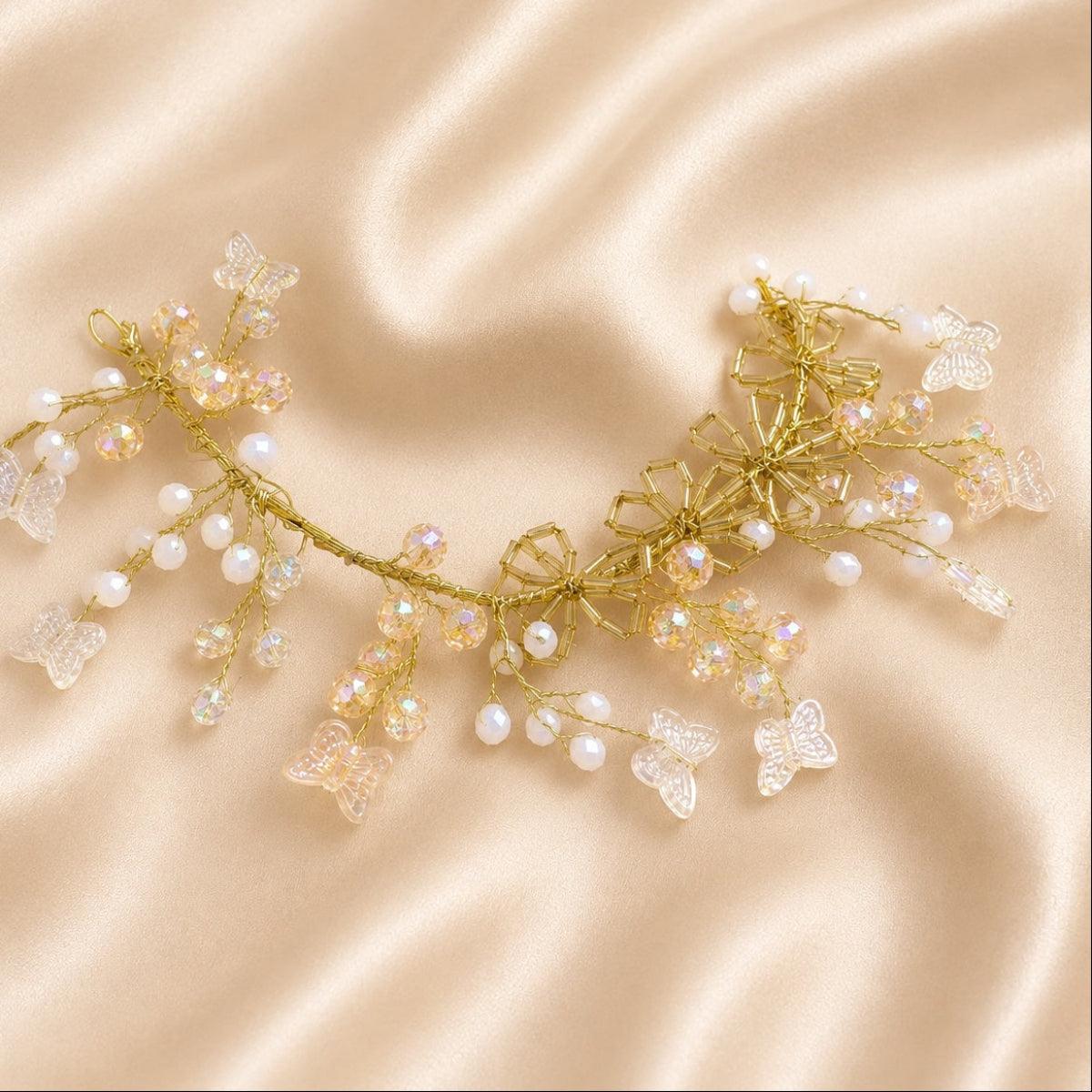 Golden Crystal Butterfly & Pearl Bridal Hair Vine