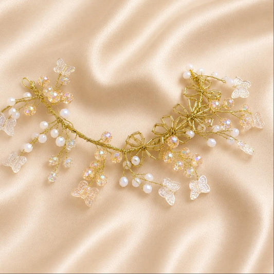 Golden Crystal Butterfly & Pearl Bridal Hair Vine