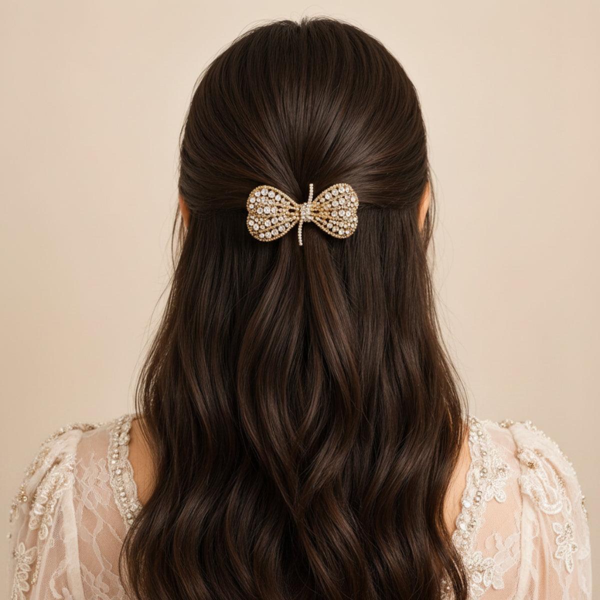 Golden Gleam Crystal Shine Bow Barrette Clip