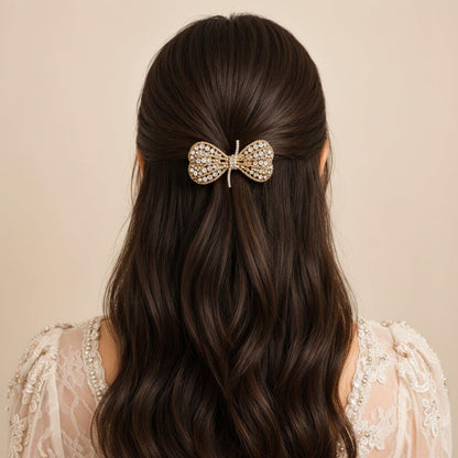 Golden Gleam Crystal Shine Bow Barrette Clip
