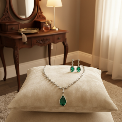 Green Rhodium-Plated American Diamond Jewelry Set