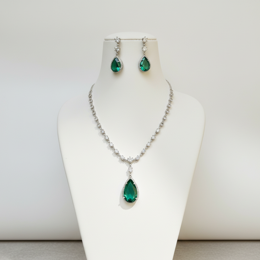 Green Rhodium-Plated American Diamond Jewelry Set