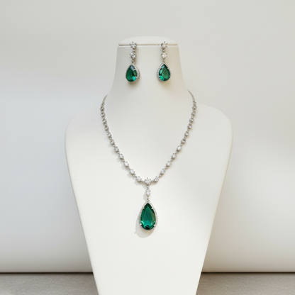Green Rhodium-Plated American Diamond Jewelry Set