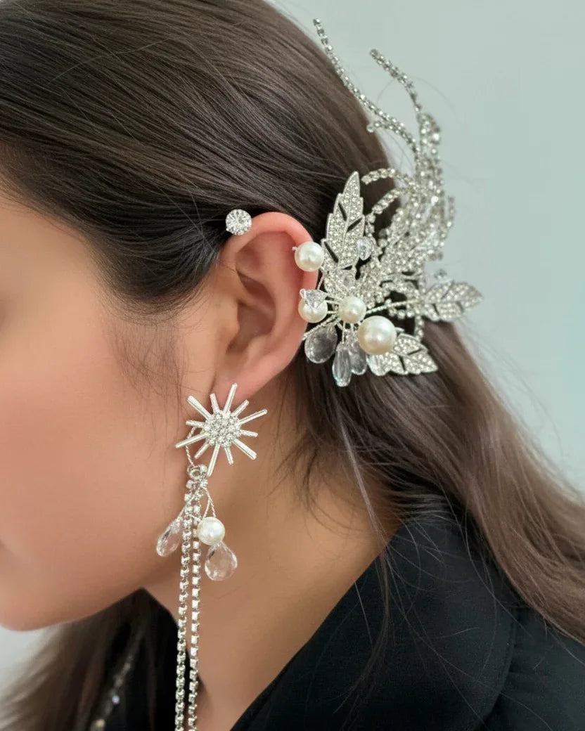 Starlit Pearl & Crystal Leaf Ear Cuff