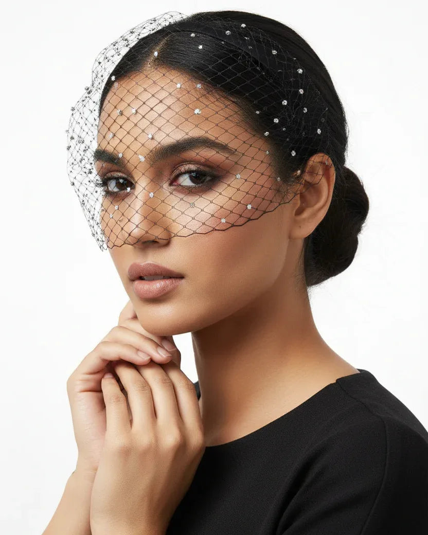 Black Crystal Birdcage Veil Headband