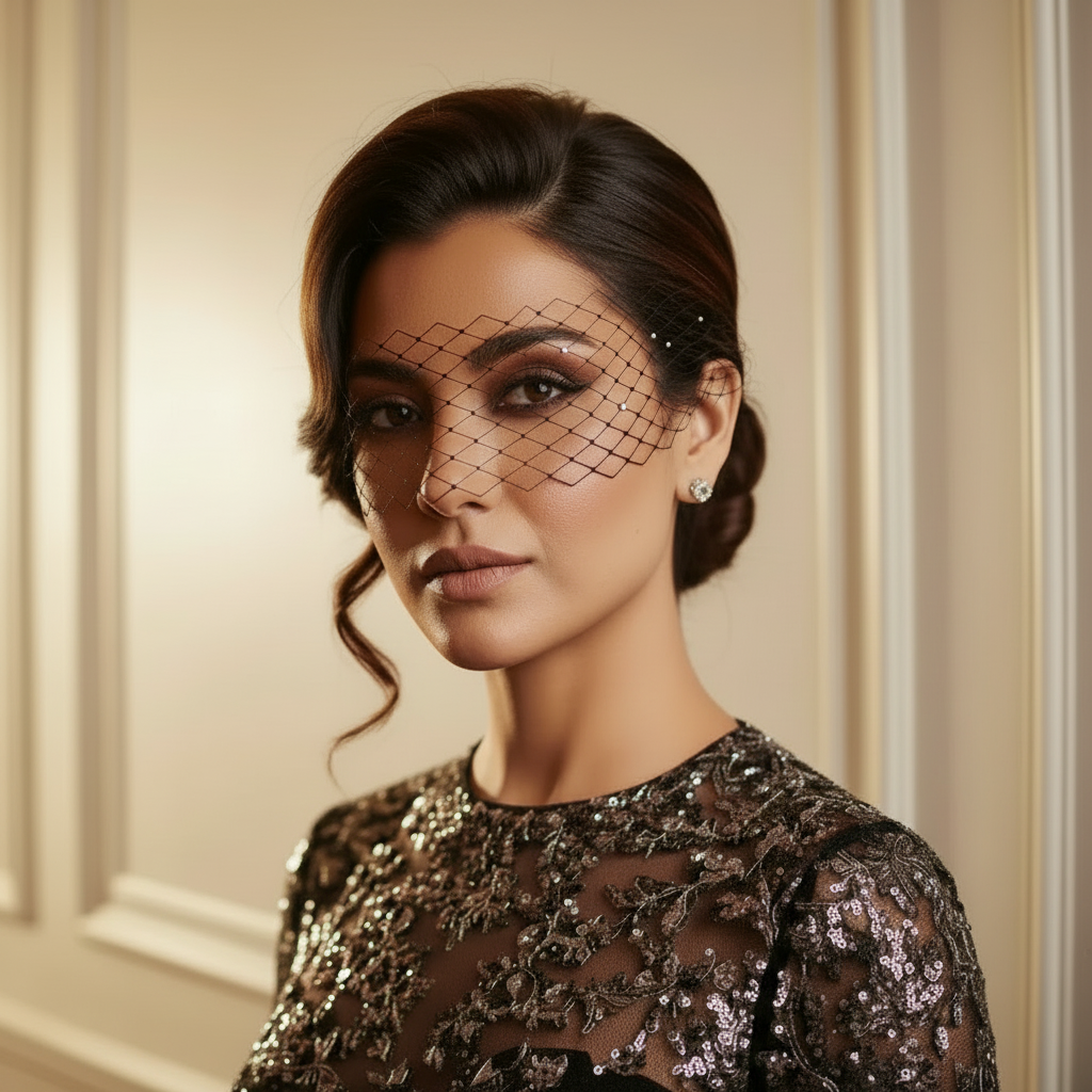 Black Beaded Birdcage Veil | Elegant Cocktail & Evening Headpiece