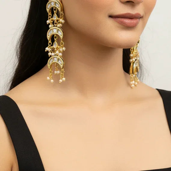 Kundan Chaand Earrings with Pearl Drops