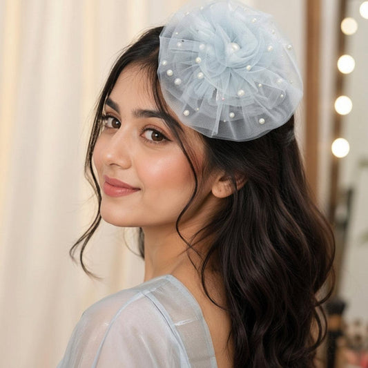 Light Blue Ruffled Pearls Fascinator