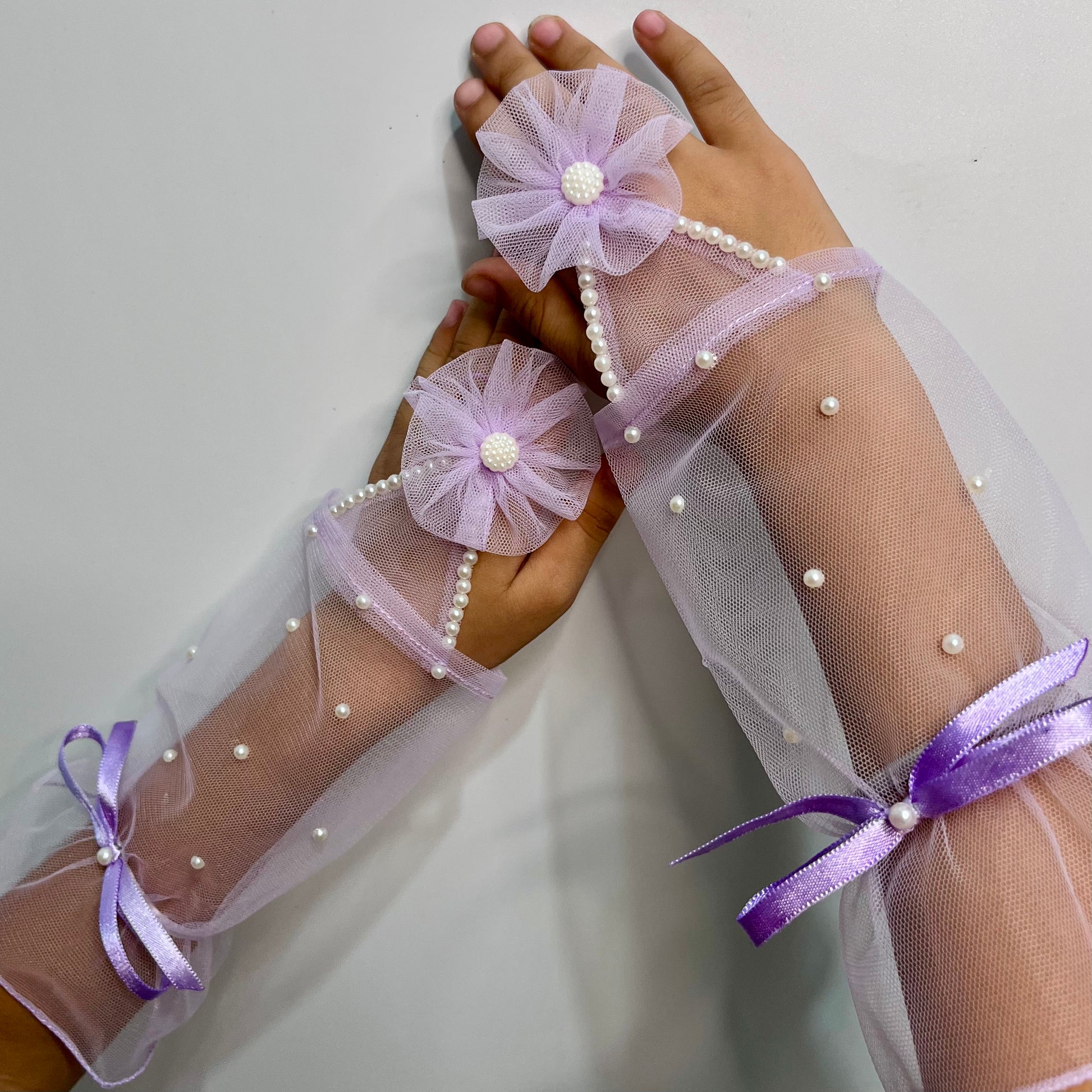 Light Purple Lilac Net Fingerless Gloves for Girls