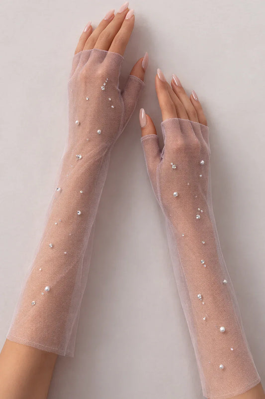Pink Liora Sheer Embellished Tulle Gloves