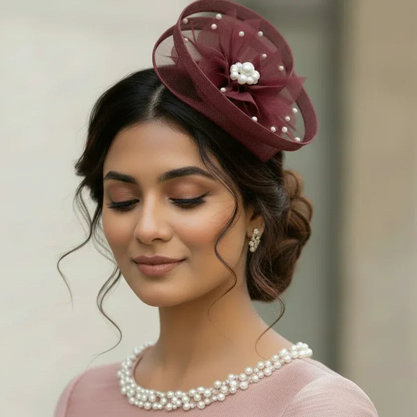 Bordeaux Pearl-Embellished Fascinator