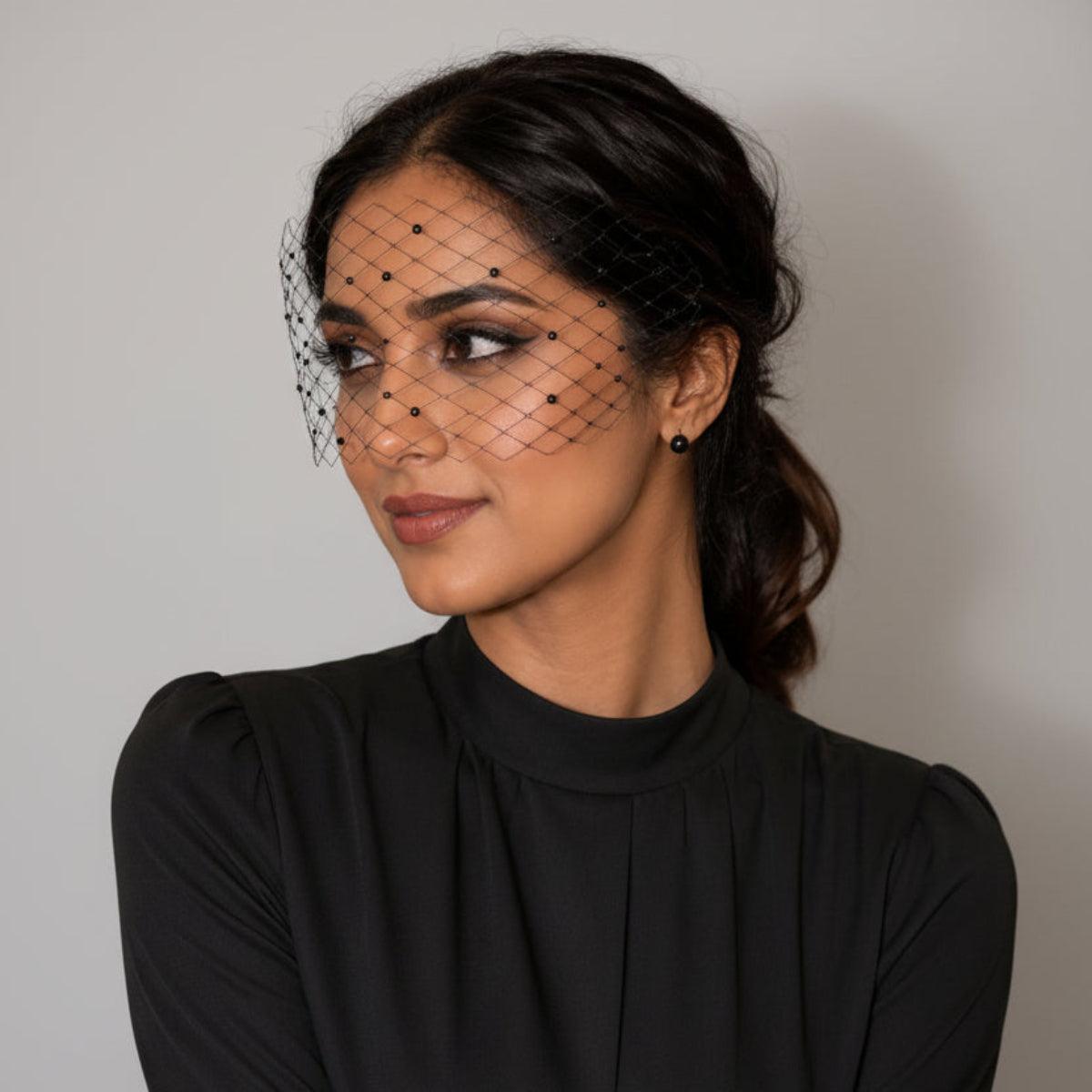 Noiréa Black Beaded Birdcage Veil