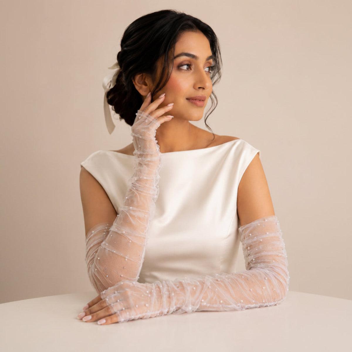 PEARLINA White Sheer Sleeve Opera Style Gloves