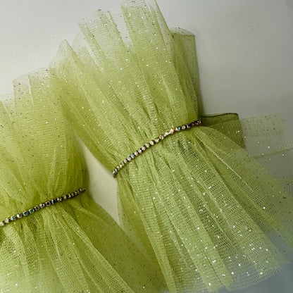 Pastel Green Ruffle Bracelet Cuff Gloves with Rhinestone Detailing
