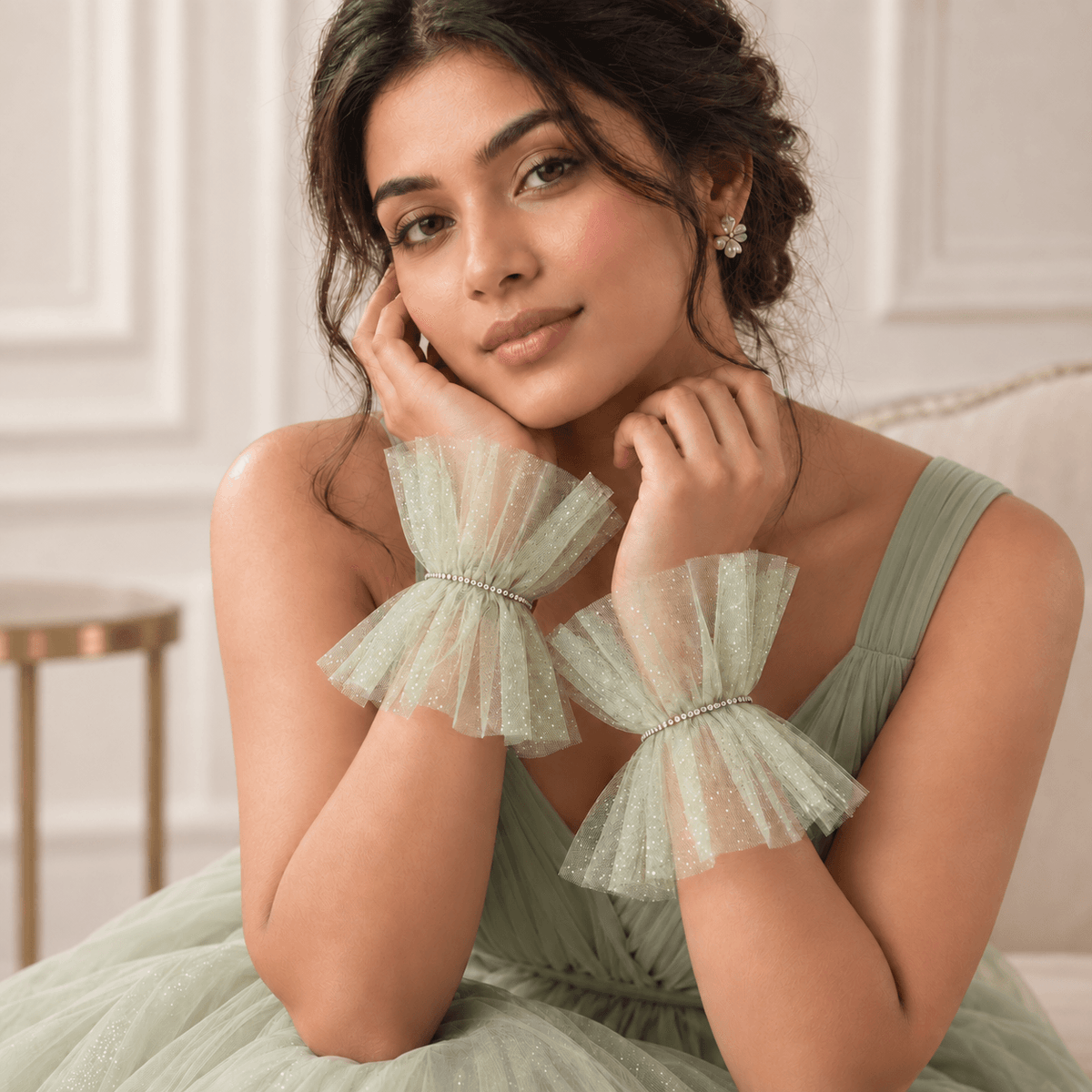 Pastel Green Ruffled Bracelet Cuff Gloves with Rhinestone Detailing