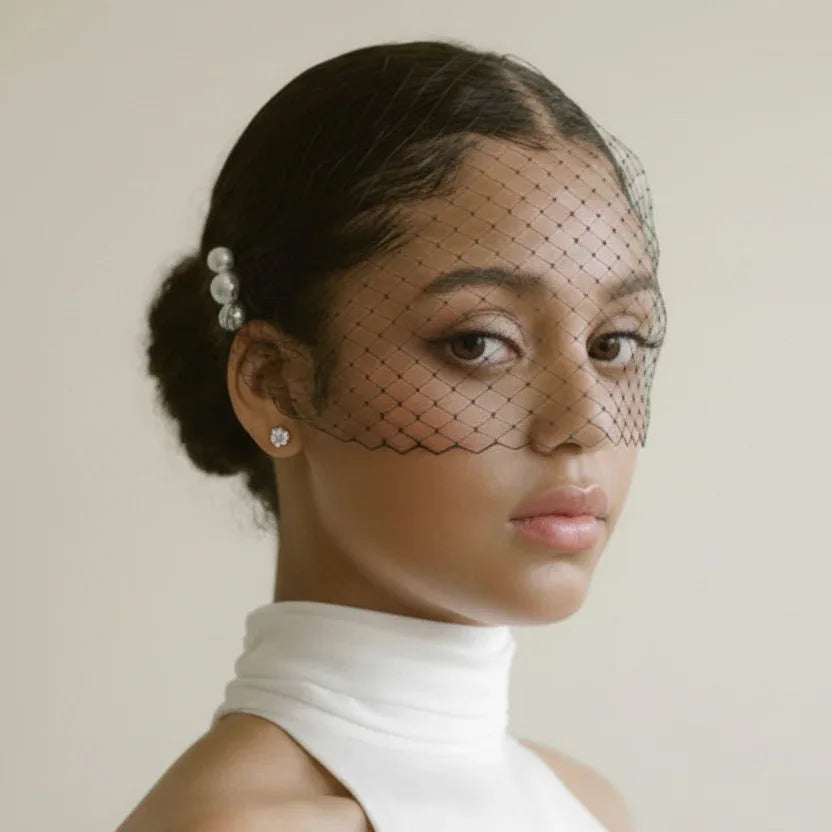 Pearl Edged Black Luxe Birdcage Veil