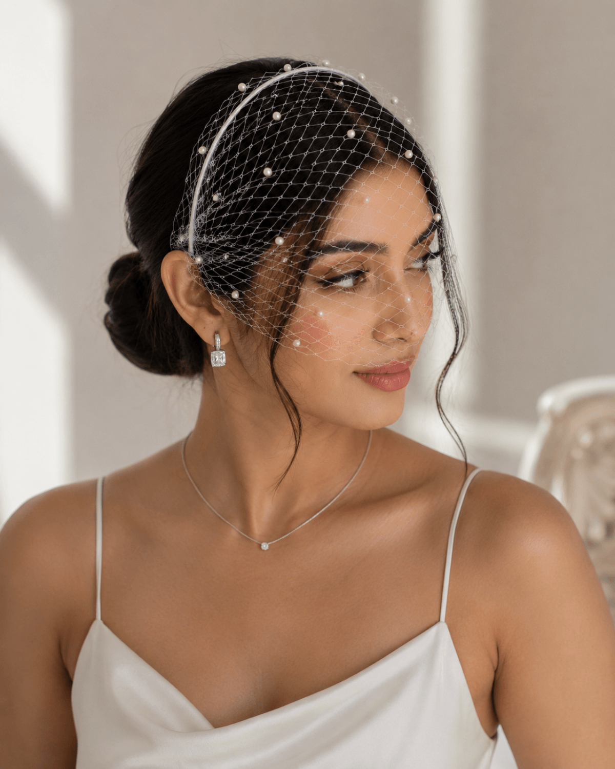 Pearluxe White Birdcage Veil Headband