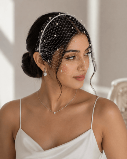 Pearluxe White Birdcage Veil Headband