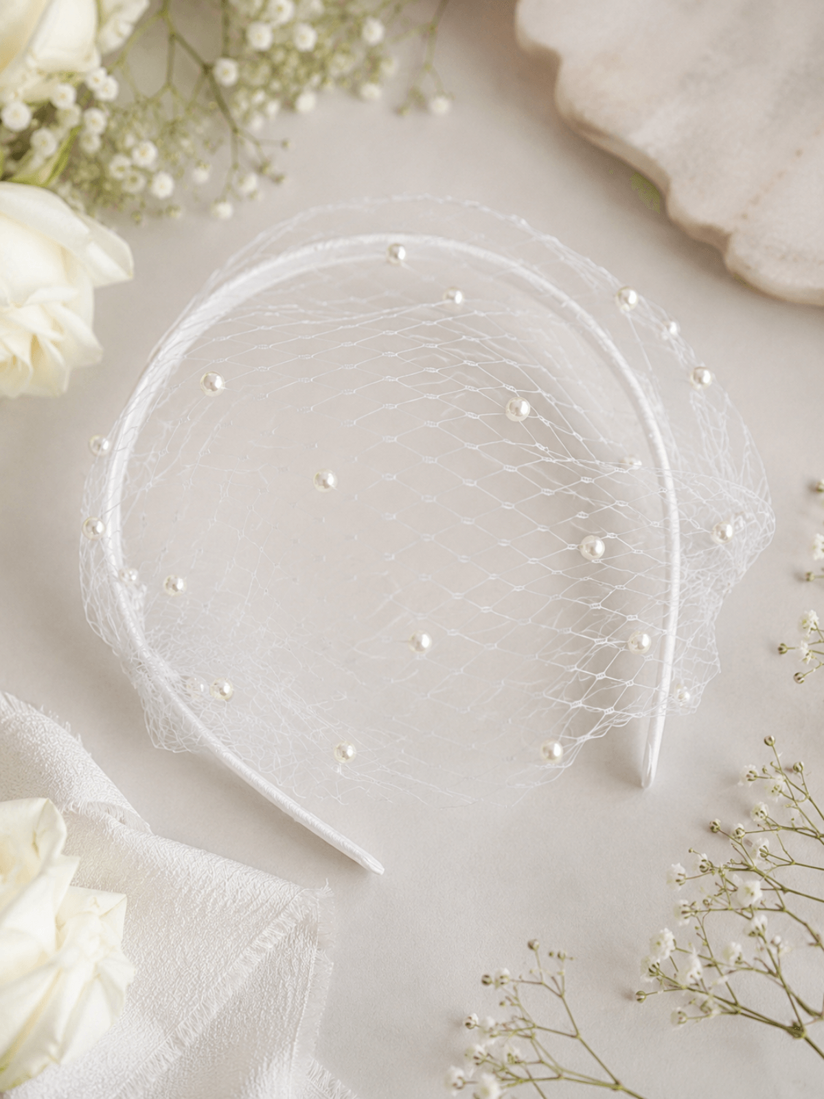 Pearluxe White Birdcage Veil Headband