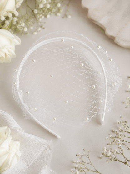 Pearluxe White Birdcage Veil Headband